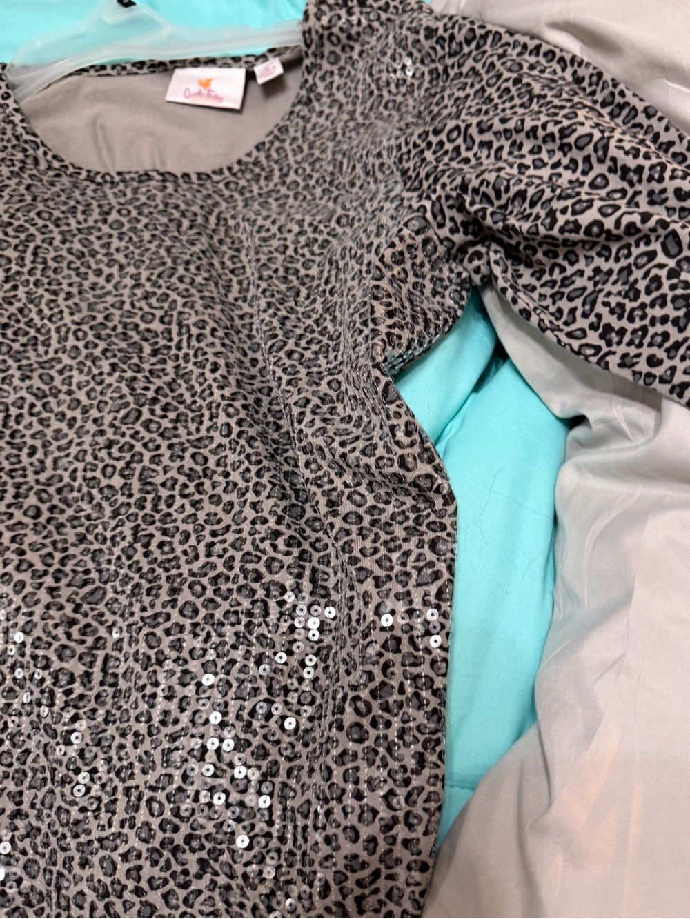 Quacker Factory Taupe and Black Leopard Sequin Long Sleeve Top